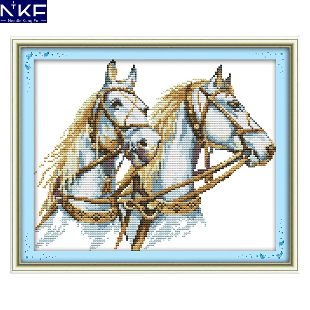 

NKF Two Horses Cross Stitch Handmade Craft Needlework Embroidery Kit Animal Cross Stitching Set for Home Decor