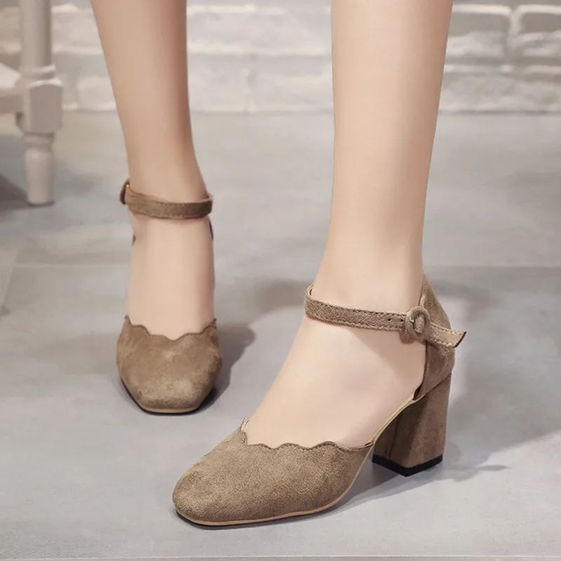 

Women Shoes High Heel 2017 Lace Suede High-heeled Shoes Buckle Thick With Square Head Shallow Mouth Women Shoes Zapatos Mujer