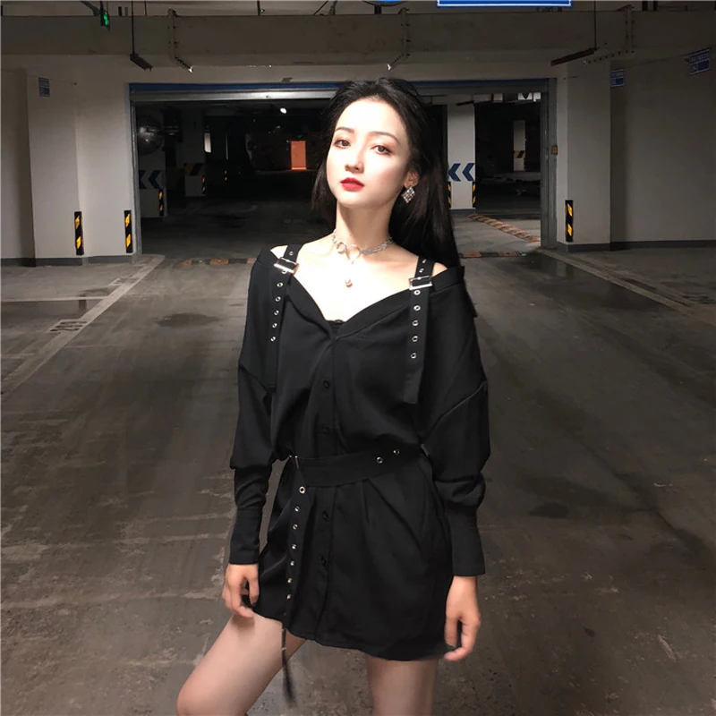 Frühling vintage retro schwarz zeigt kleid dünne halter spaghetti streifen gürtel off schulter gürtel lange-ärmeln bluse kleid
