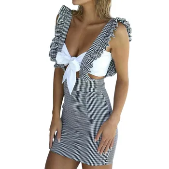 

New Women's Plaid Pattern Ruffled Pinafore Bodycon Mini Suspenders Dress hot sale