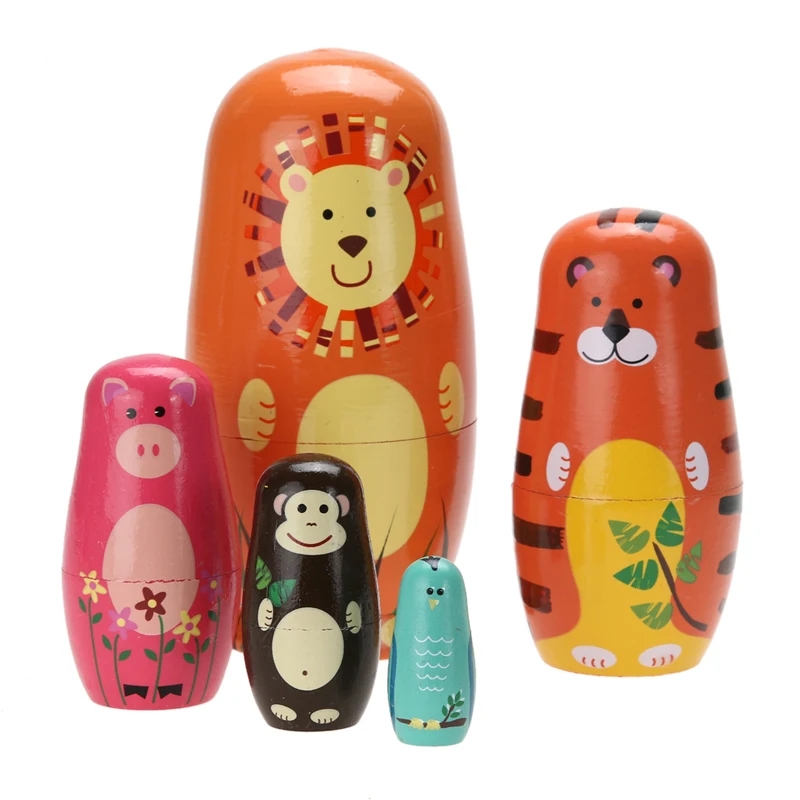 

5pcs Wooden Matryoshka Doll Hand Painted Craft Kids Wooden Russian Nesting Dolls Braid Cartoon Traditional Matryoshka Dolls