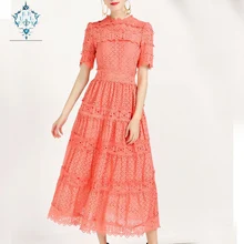 CUERLY 2019 Summer slim big swing water soluble Dress Women Short Sleeve Floral Hollow out Embroidered Mid Calf Elegant Dresses trendy short sleeve hollow out embroidered women s dress