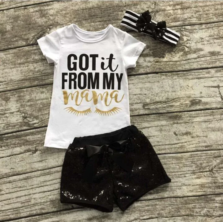 

Fashion Girls Clothing Set summer baby Girls Clothes Set Lovely letter Eyelashes Girl tops + Pants + Headband Girls Suit Kids