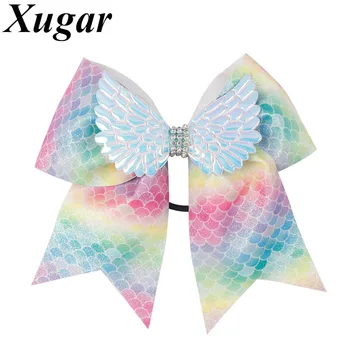 

7" Large Rainbow Glitter Wings Hair Bow For Girls Handmade Rhinestone Cheer Bows Elastic Hair Band Kids Party Hair Accessories