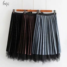 Модная женская эластичная резинка на талии с обеих сторон носить сетки бархатные плиссированные юбки по колено Свободная юбка 3 вида цветов P147
