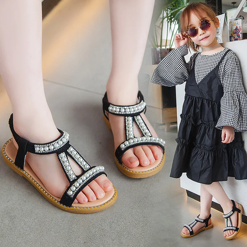 

Summer Baby Girls Shoes Toddler Infant Kids Pearl Crystal Single Princess Roman Shoes Sandals For Children Girls Sandals Black