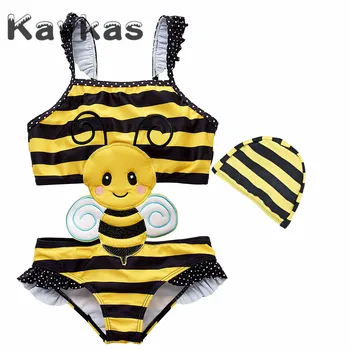 

2020 Children Summer Baby Swimsuit With Cap One Pieces Cartoon Animal Decorations Girls Swimsuit bebes Beachwear Girl Bikini