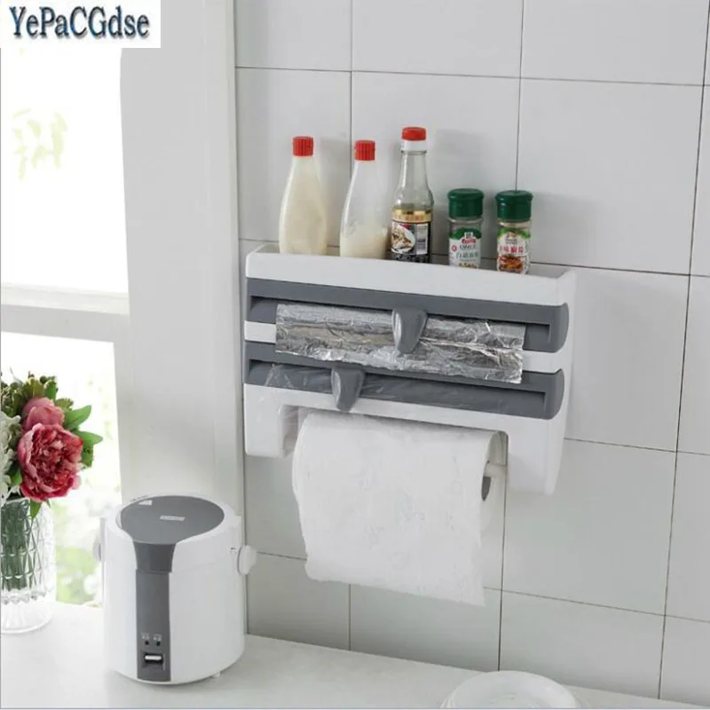 

Plastic Refrigerator Cling Film Storage Rack Wrap Cutter Wall Hanging Paper Towel Holder Kitchen Organizer