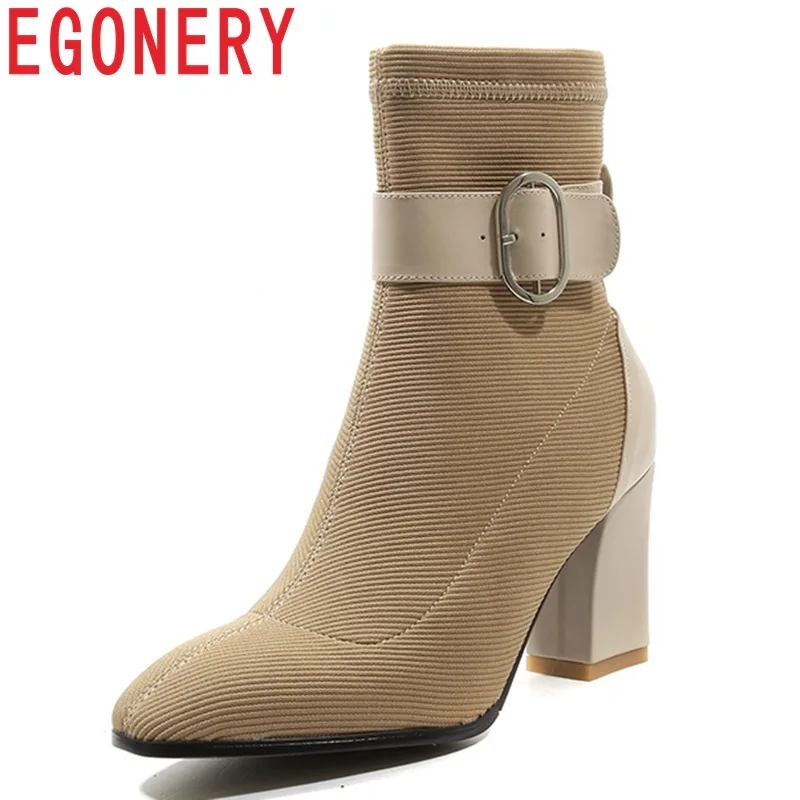 

EGONERY 2018 newest fashion metal buckle ankle boots square toe high square heel slip-on stretch fabric large size shoes women