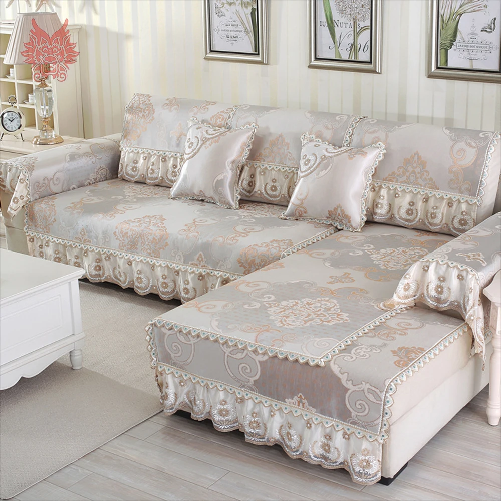 Europe style luxury beige floral jacquard anti slip sofa cover