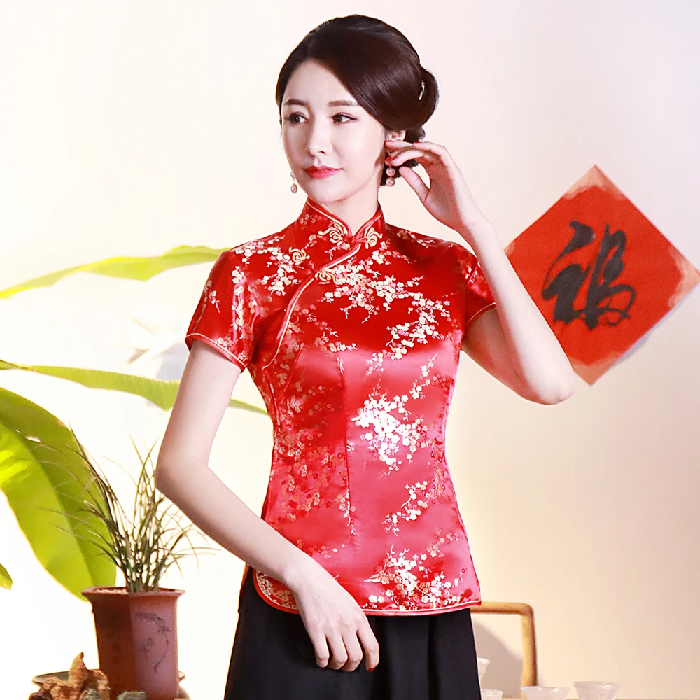 

Red Classic Chinese Women Rayon Blouse Summer New Short Sleeve Shirt Traditional Handmade Button Flower Tops Tang Clothing