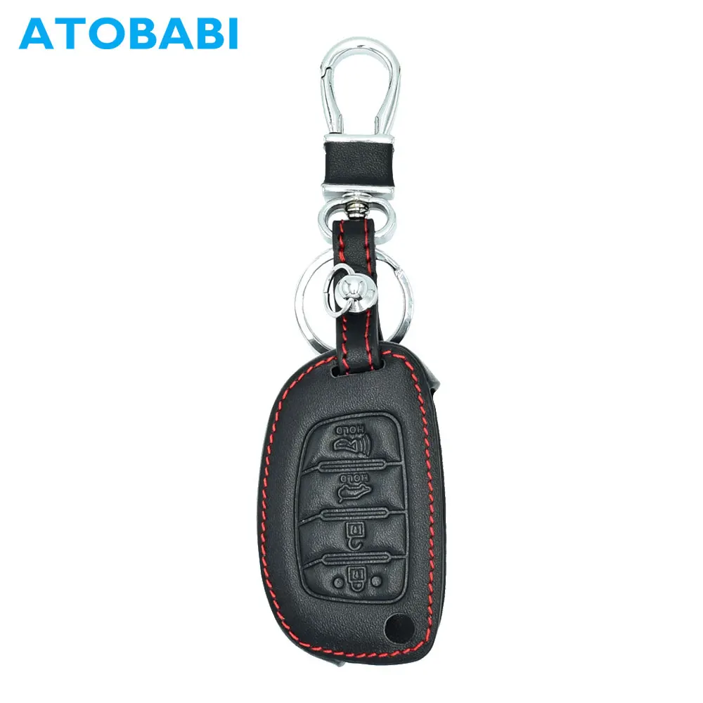 

ATOBABI 4 Buttons Genuine Leather Flip Car Key Cases For Hyundai Sonata / Santa Fe / Tuscon Folding Auto Remote Fob Shell Cover
