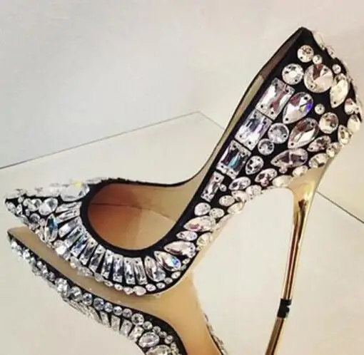 Big Crystal Decorated Black Women Pumps Gold High Heel Party Wedding Bridal Pumps Slip On Pointed Toe Leather Shoes