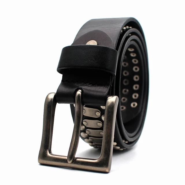 ZAYG Belt punk high quality belt Men and Woman belt leather luxury brand pin buckle belt metal big copper rivet waist seal jeans black
