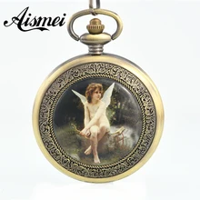 20pcs lot New Western Style Angel Lover Bronze Steampunk Vintage Automatic Pocket Watch Elegant Sweater Watch