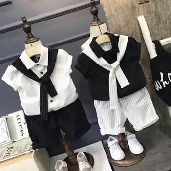 

2019 Summer Kids Clothes Boys Gentleman Dress Necktie Cotton Short Sleeve Clothing Set Stripe Pattern Outfit