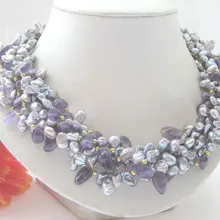 1" 6row9mm серый Кеши Возрожденные пресноводный жемчуг-ожерелье с фиолетовыми стразами