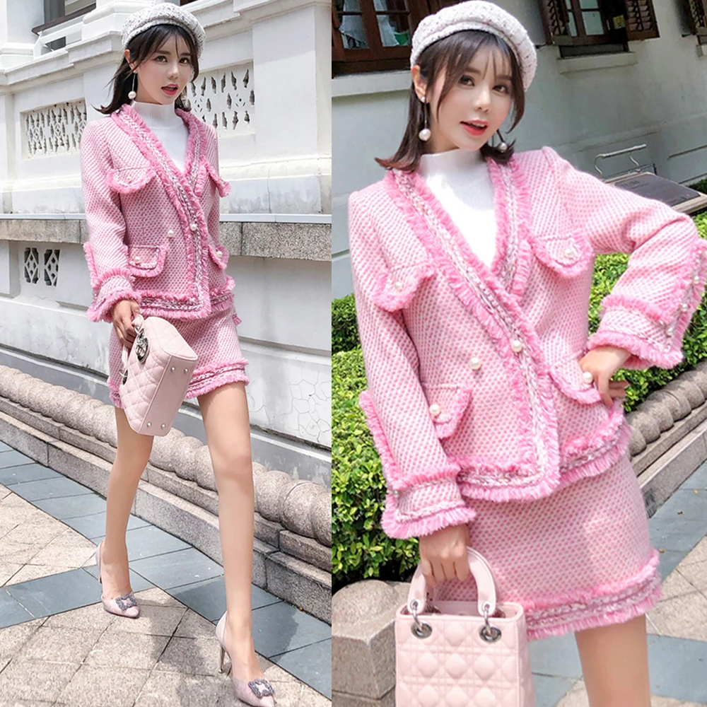 LXUNYI Pink Two Piece Set Women Tweed Skirt Suit Slim Jacket And Skirt High Quality Tassel Woolen Skirts Suits Female Elegant
