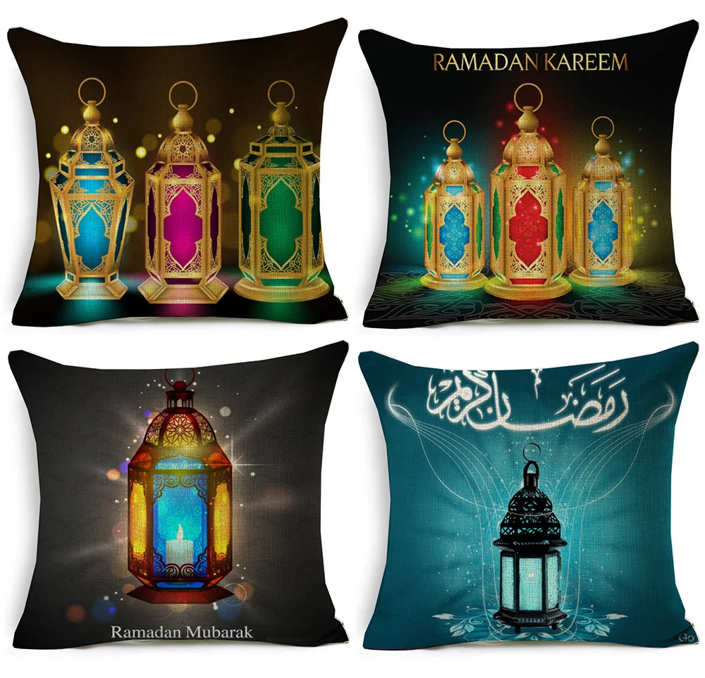 

Ramadan Kareem Lantern Cushion Cover Islamic Fantastic Colorful Lights Art Cushion Covers Decorative Beige Linen Pillow Case