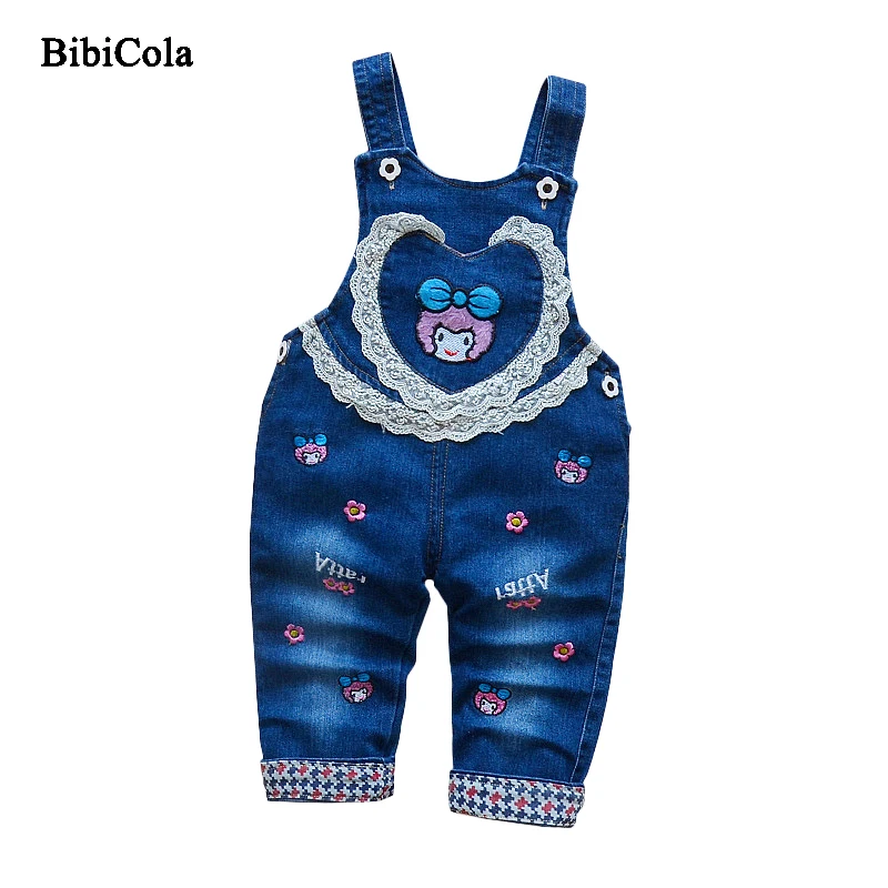 

BibiCola Cartoon Children Girls Jeans Pants Bib Classical Straps Cowboy Trousers High Qulity 2018 Spring Autumn Kids Clothing