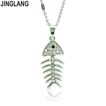 

JINGLANG New Fashion White Rhinestone Fishbone Charms Silver Plated Link Chain Pendant Necklace For Men or Women Jewelry
