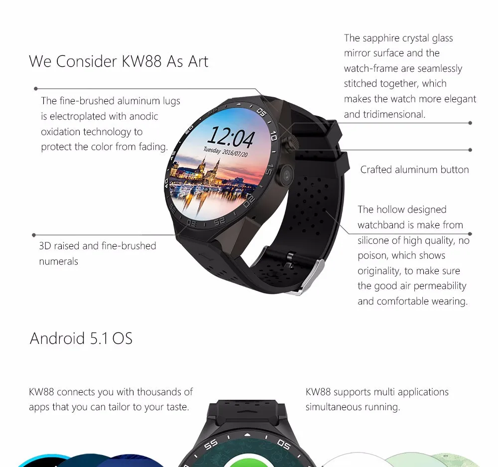 KW88 Смарт-часы 1,39 дюймов MTK6580 четырехъядерный 1. 3g HZ Android 5,1 3g Smartwatch 400 mAh 2,0 мегапиксельный монитор сердечного ритма трекер