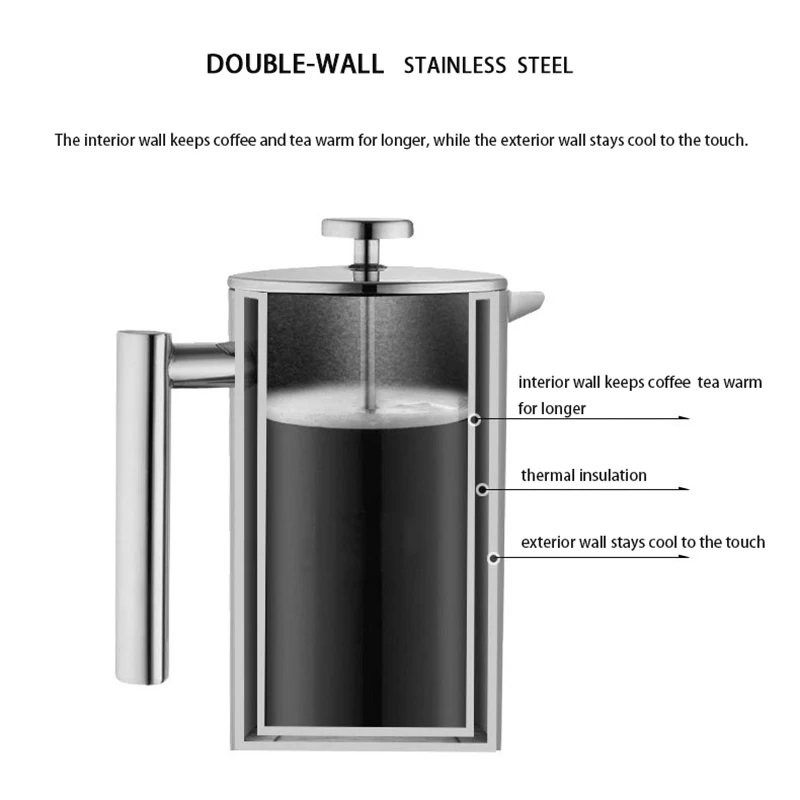 French Press Double-Wall Stainless Steel Mirror Finish CoffeeTea Maker Double-Screen System 100% No Coffee Grounds Guarantee, Stainless Steel, Rust-Free Dishwasher Safe Biolomix (10)