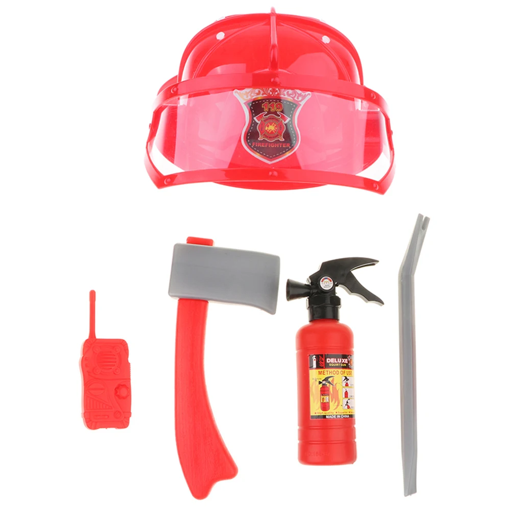 Children Fire Chief Role Play Costume Halloween Cosplay Helmet Set 5 Pieces for Dress Up Accessories