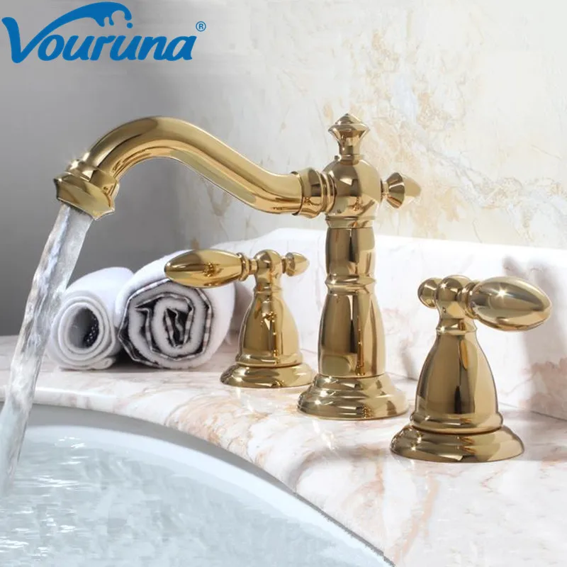 VOURUNA роскошные золотые 3 отверстия смеситель для ванной комнаты твердая латунная
