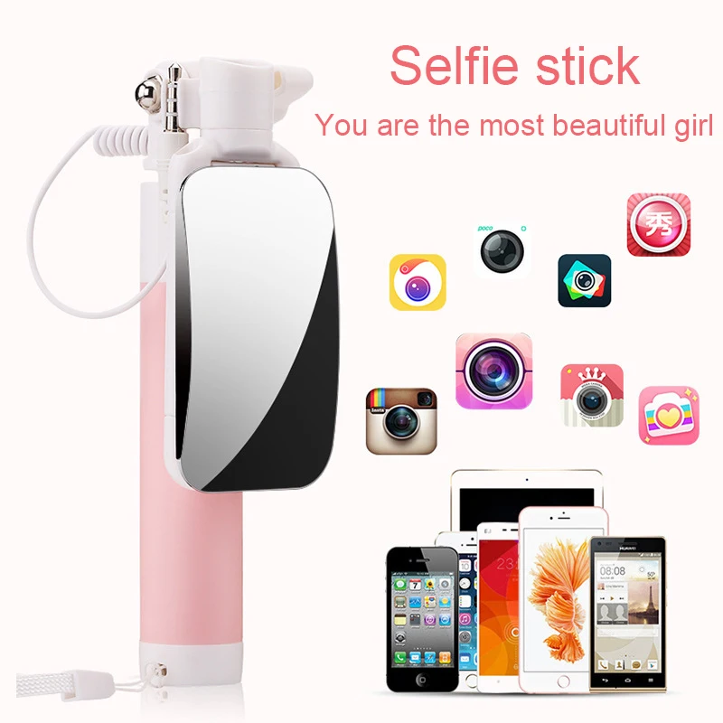 

Macaron Color Cute Mirror Selfie Stick Foldable Portable Extendable Wired Monopod Selfie Stick For iPhone For Android Universal