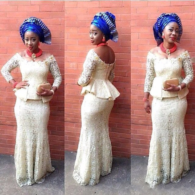 

2019 Lace Evening Dress Mermaid Nigeria Style Fashion Formal Wear Sweep Train Off The Shoulder African Prom Dresses Plus Size