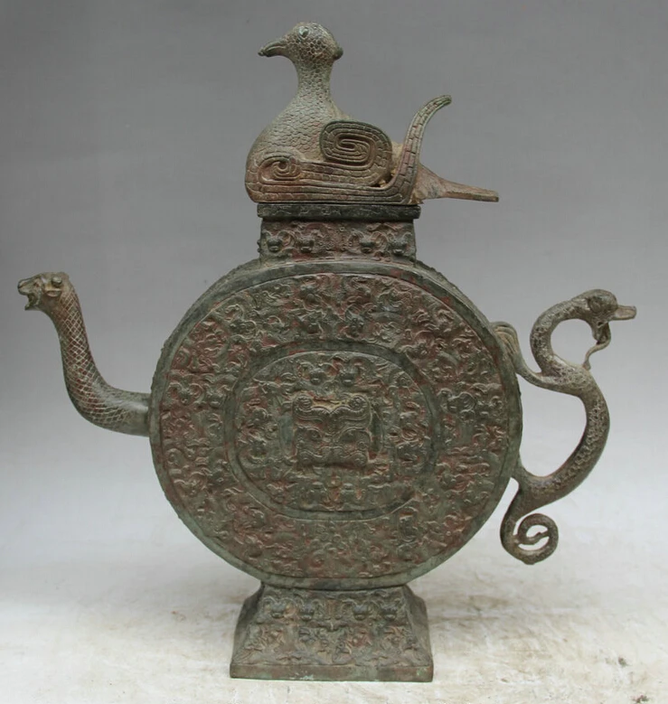 

Elegant old S2025 15" Old Chinese Bronze Folk flower Bird Beast Dragon handle Wine Tea Pot Flagon (A0321)
