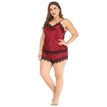 Summer Large Size Lace 2 Piece Pajama Set Women Burgundy Plus Size Sexy Sleepwear Cute Satin Cami Shorts Ladies Nightwear Pj Set Summer Large Size Lace 2 Piece Pajama Set Women Burgundy Plus Size Sexy Sleepwear Cute Satin Cami Shorts Ladies Nightwear Pj Set