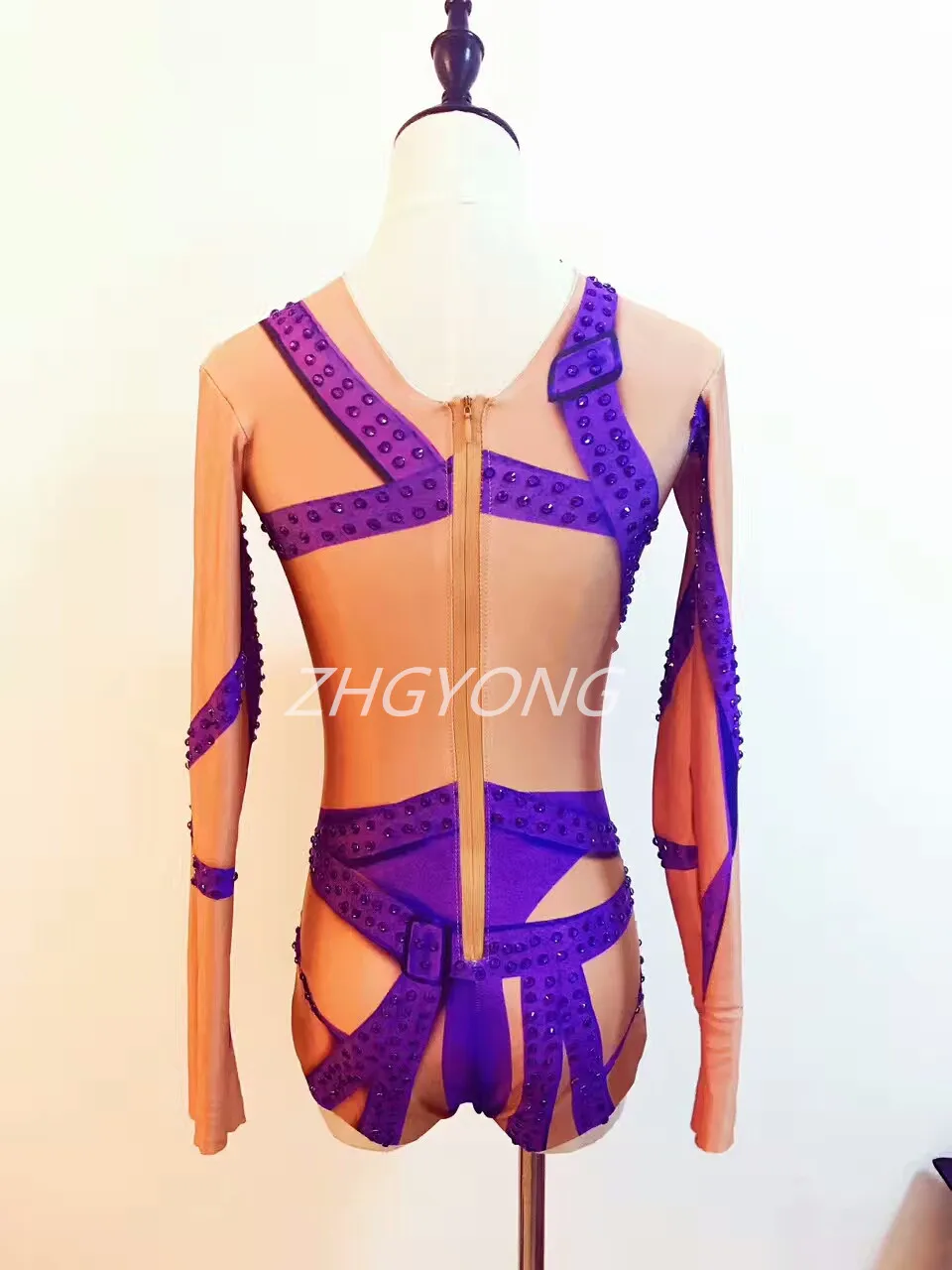 Женский трико боди с яркими кристаллами фиолетовое трико|bodysuit clothing|sexy dj costumefemale