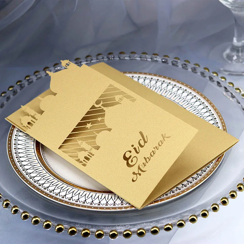 

10pcs Eid Mubarak Decorative Greeting Card Innovative Cardboard for Muslim Ramadan Mirror Decor Table Congratulation Card