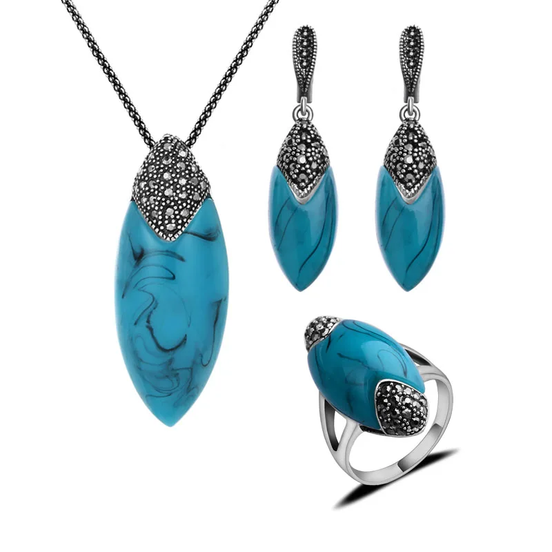 Sellsets дизайн антикварный турецкий Ювелирный Набор Ретро Кристалл и синяя смола серебряный цвет Винтажные Ювелирные наборы для женщин - Окраска металла: Blue