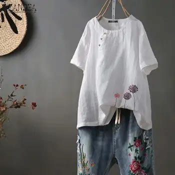 

ZANZEA 2020 Summer Women Blouse Ladies Embroidery Flowers Tunic Tops Ladies OL Shirts Cotton Casual Blusas Chemisers Plus Size