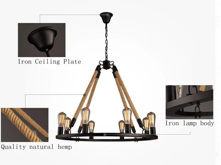 Ретро пеньковая веревка люстра Лофт Стиль 6/8 светильники кантри Винтаж кованые свет Лофт Ресторан свет