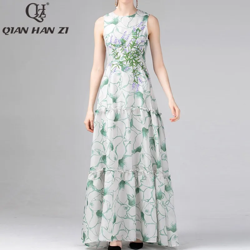 Цянь Хан Zi Дизайнерские летние взлетно-посадочной полосы Макси платье Для женщин элегантный печатных вышитые Богемия пляжный отдых пол