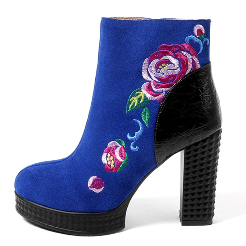 

Brand Women Ankle Boots New 2018 Autumn Embroider Suede Leather Fashion Motorcycle Boots Round Toe High Heel Shoes Woman