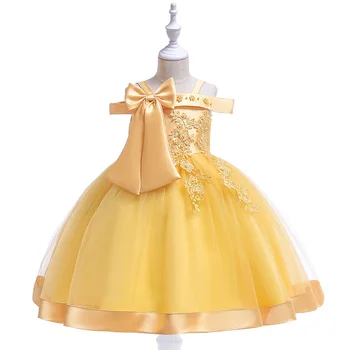 

New Style Girl Wedding Party Suspender Flower Girl Dresses 10 Years Old Girls Big Bow Beading Flower Banquet Prom Ball Dress