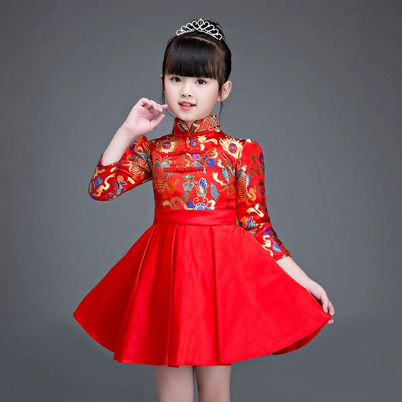 

2017 Girls New Year's Embroidery flowers one- piece dress Chinese red cheongsam birthday party children gift ball Gown dress
