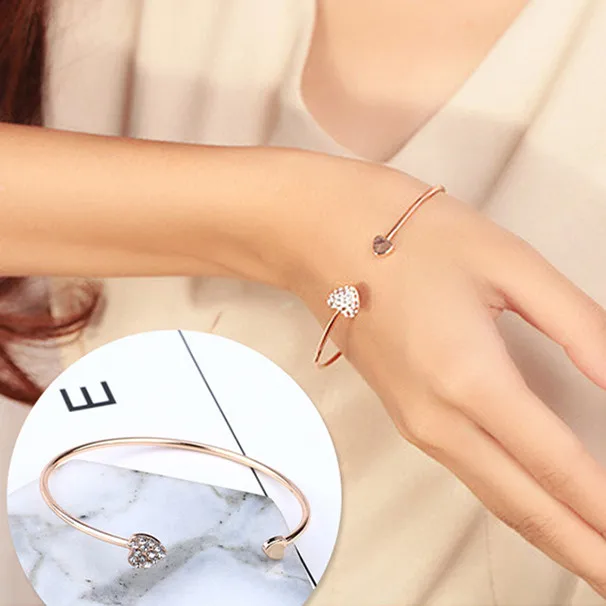 

Hot Fashion Adjustable Crystal Double Heart Bangles for Women Rose Gold Cuff Opening Bracelet Women Jewelry Gift Mujer Pulseras