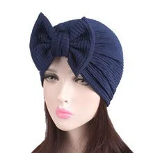 Женские однотонные хлопковые элегантные плиссированные бантики мусульманский тюрбан Индия эластичные шапочки химиотерапия Рак кепки женский тюрбан для волос аксессуары