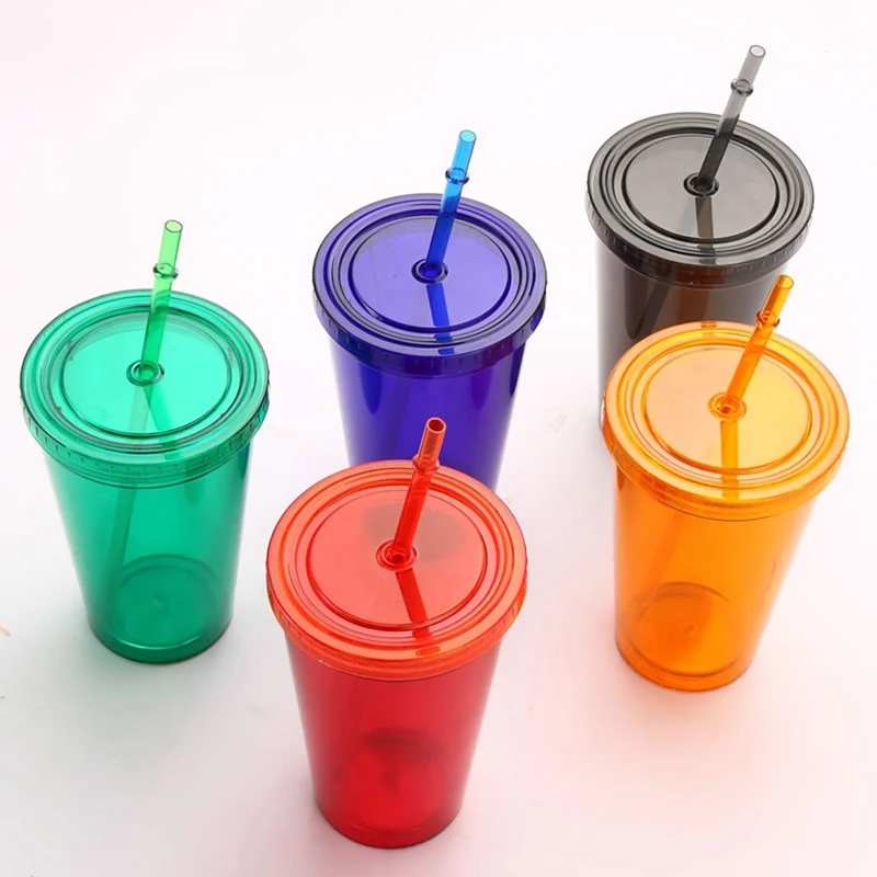 

450ml Double-walled Ice Cold Drink Coffee Juice Tea Cup Reusable Smoothie Plastic Iced Tumbler Travel Mug With Straw