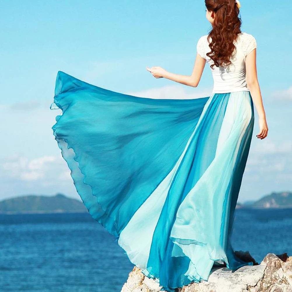Двухцветная Лоскутная длинная юбка женская мягкая шифоновая юбка эластичная талия пляжная юбка