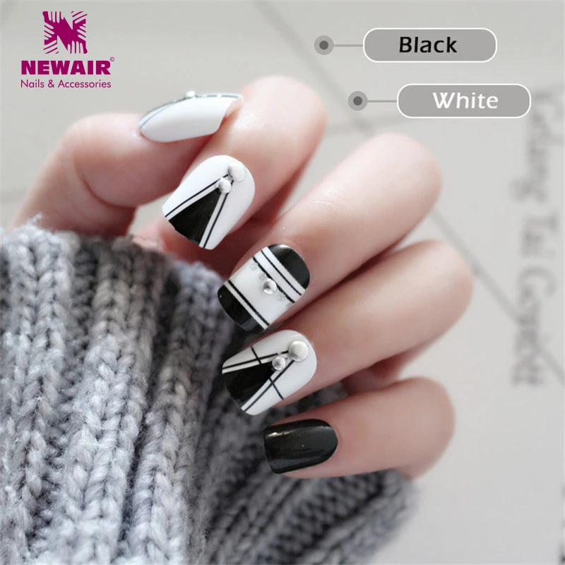 Uñas postizas cuadradas Punk con pegatinas adhesivas blanco negro 24 piezas corto falso uñas Artificial Ongles uñas arte|Uñas -