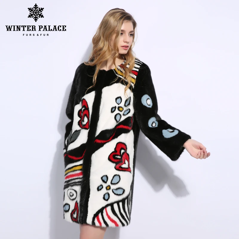 Playful pattern mink coat Round neck mink coats women real fur mink fur coat Imported velvet level