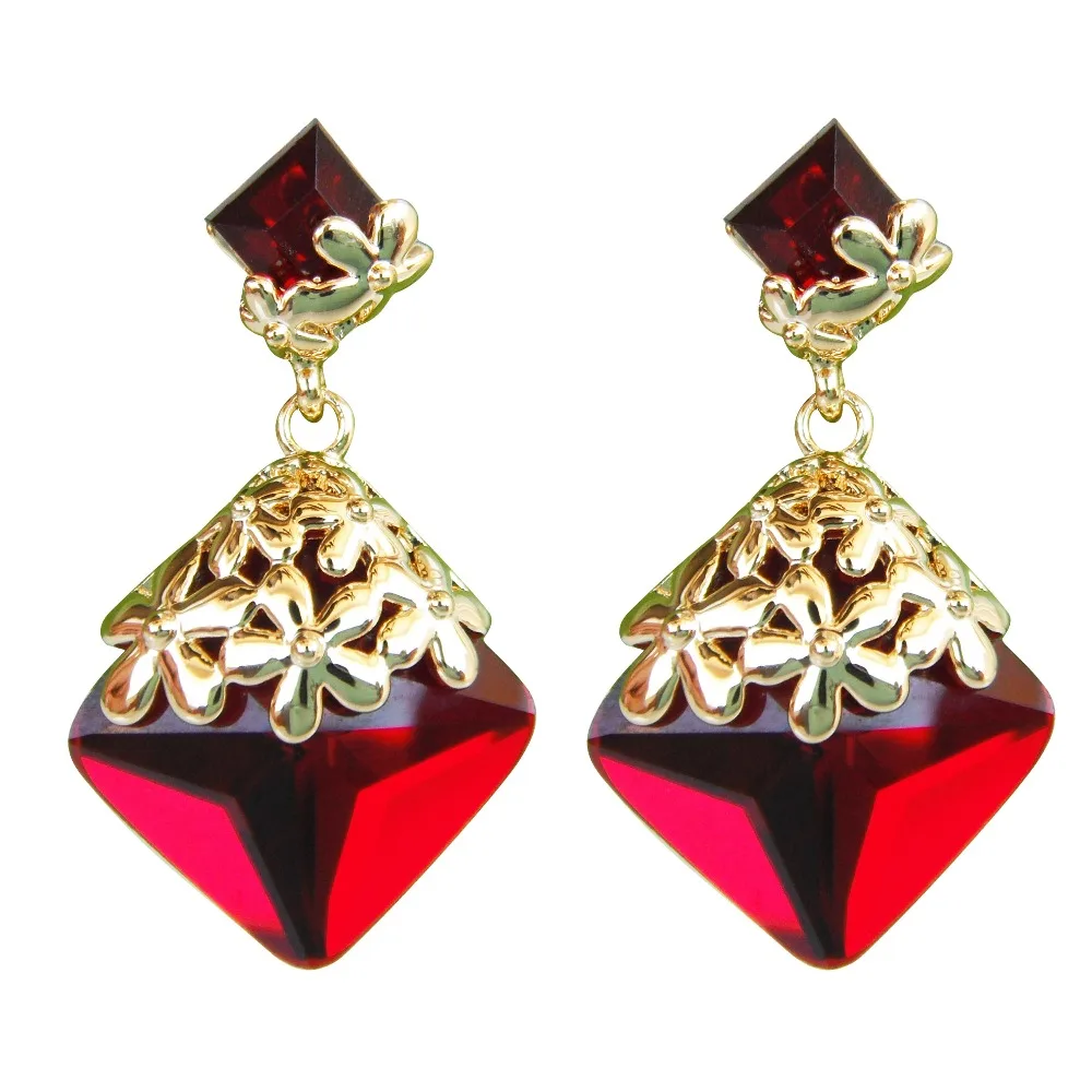 

Navachi Leaves Flower Red Square Zircon Ear Stud Crystal GP Earrings SMT2873