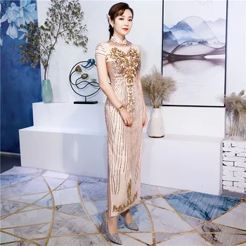 

Lace Sequin Cheongsam Long Qipao Dresses Chinese Traditional Wedding Dress China Clothing Store Vestido Oriental Plus Size 4XL